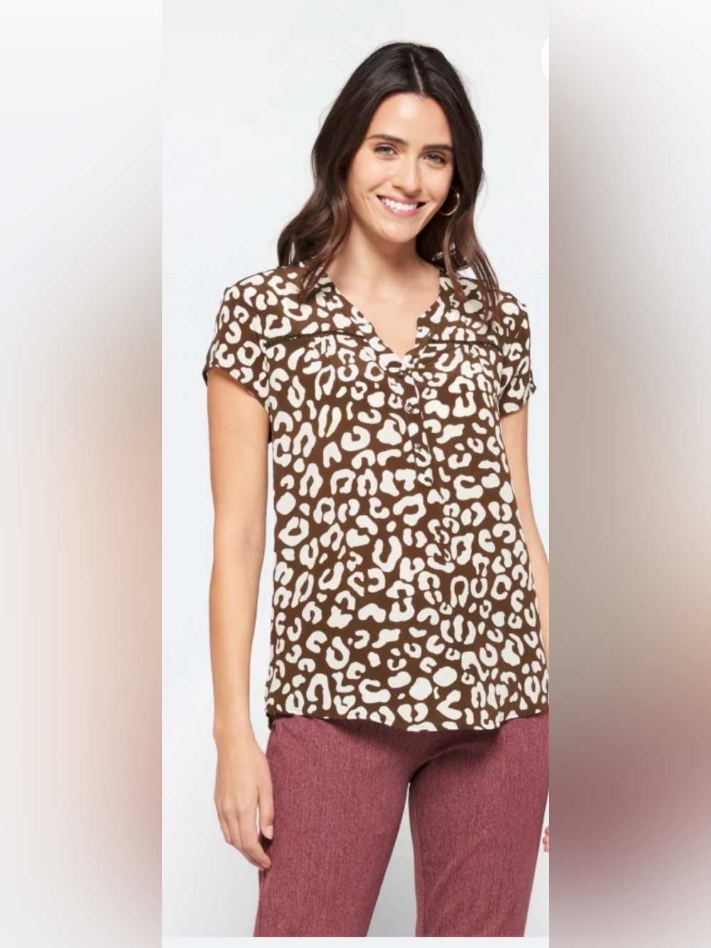 Tolani Brown and Cream Leopard Print Short Sleeve V-Neck Top